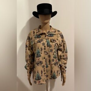 Western Print Faux Suede Fringe Shacket